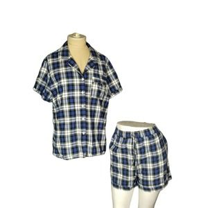 EKOUAER Pajamas Top & Shorts Set Blue Sleepwear Flannel 95% Cotton Size Large